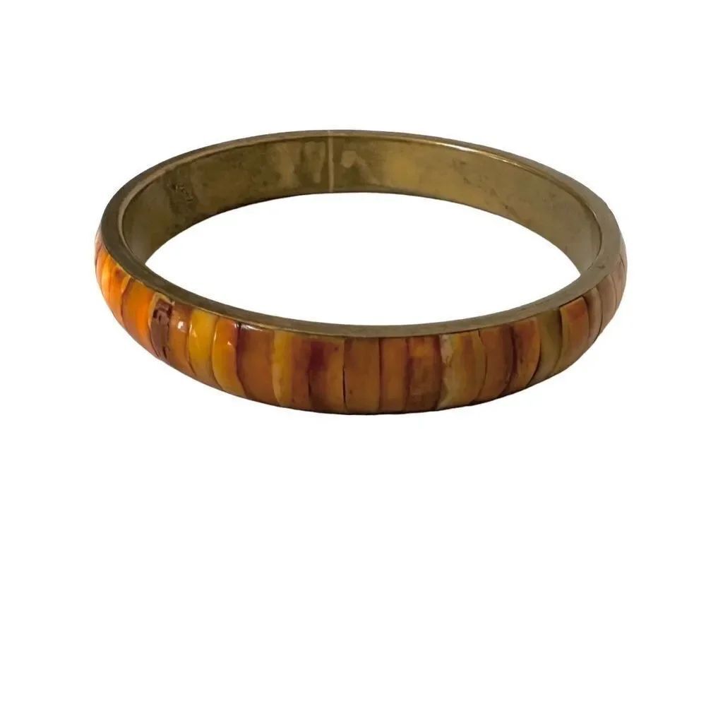 Orange dyed horn brass bangle bracelet